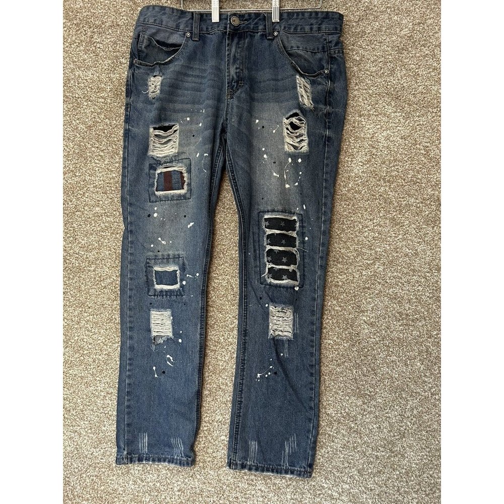 Xray Men’s Patriotic Distressed Paint Splatter Straight Leg Jeans Size 36X32
